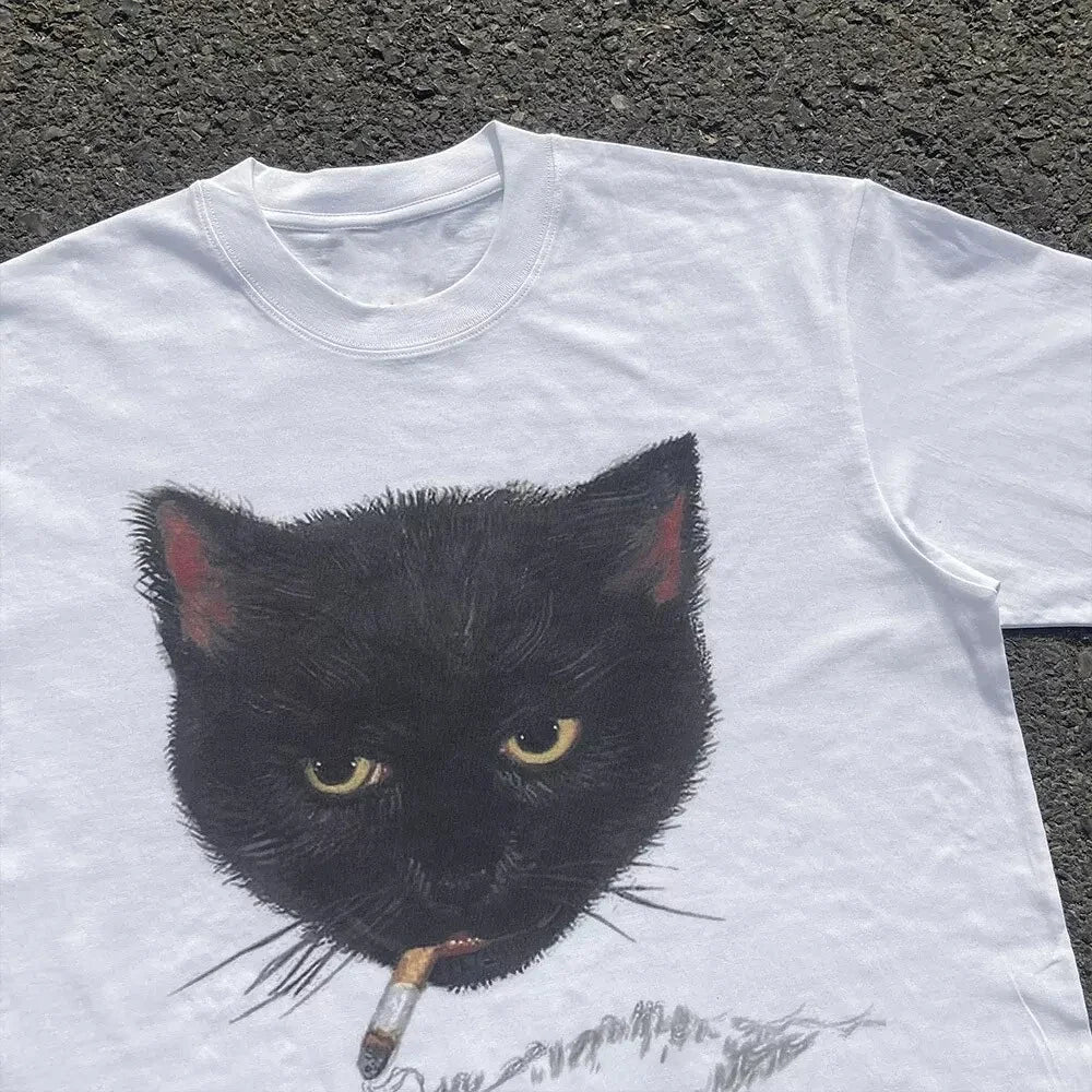 Camiseta Crop Y2K con Gato Gráfico - Estilo Punk Retro