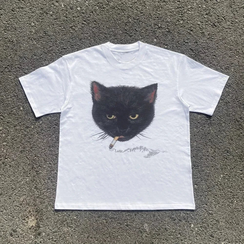 Camiseta Crop Y2K con Gato Gráfico - Estilo Punk Retro