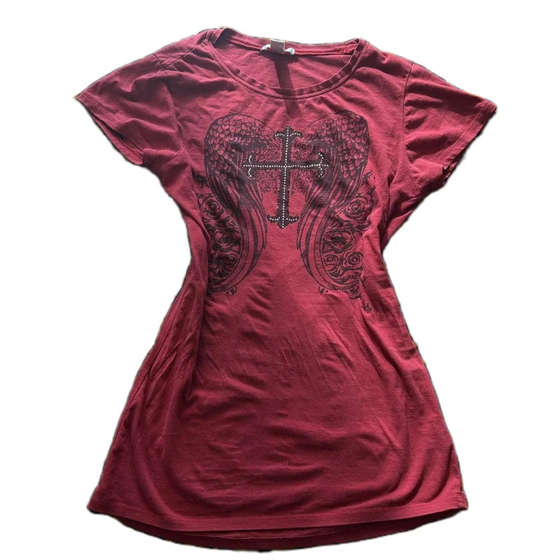 Camiseta Crop Grunge Y2K con Alas Brillantes para E-girl - Estilo Vintage