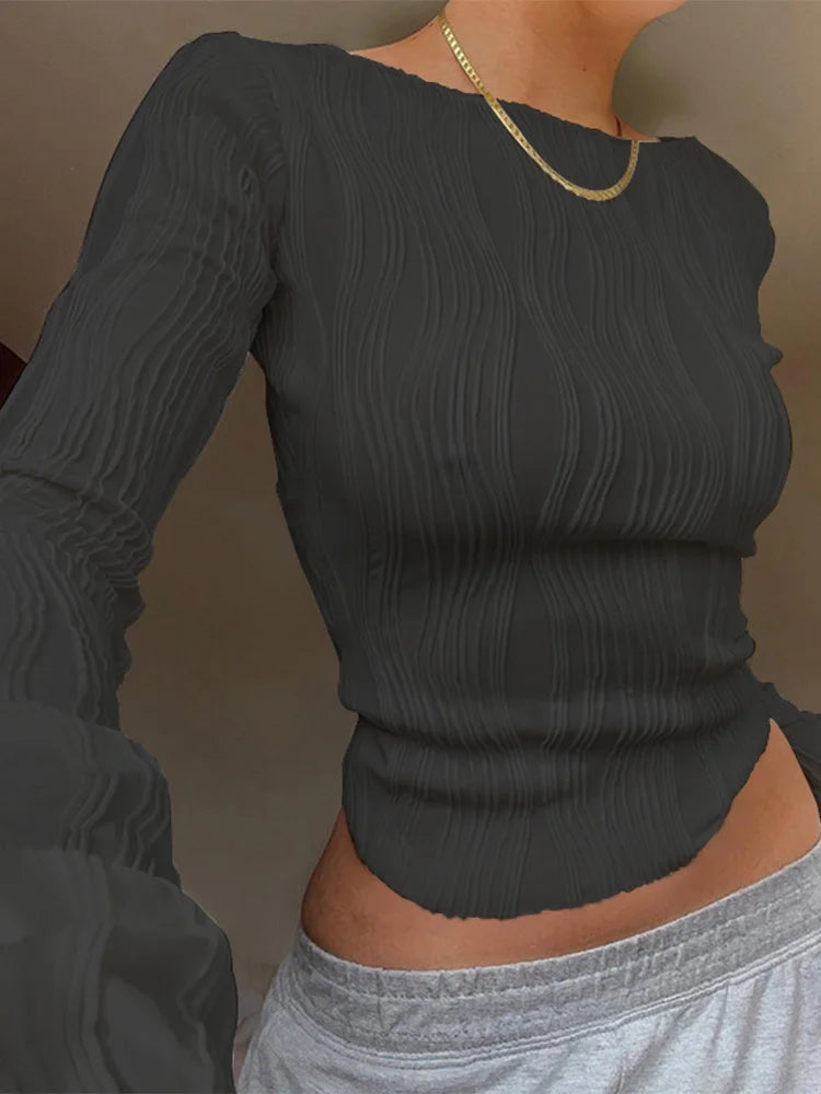 Camiseta Casual de Manga Larga con Fruncidos para Mujer - BIDIJONES