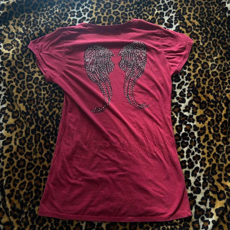 Camiseta Crop Grunge Y2K con Alas Brillantes para E-girl - Estilo Vintage