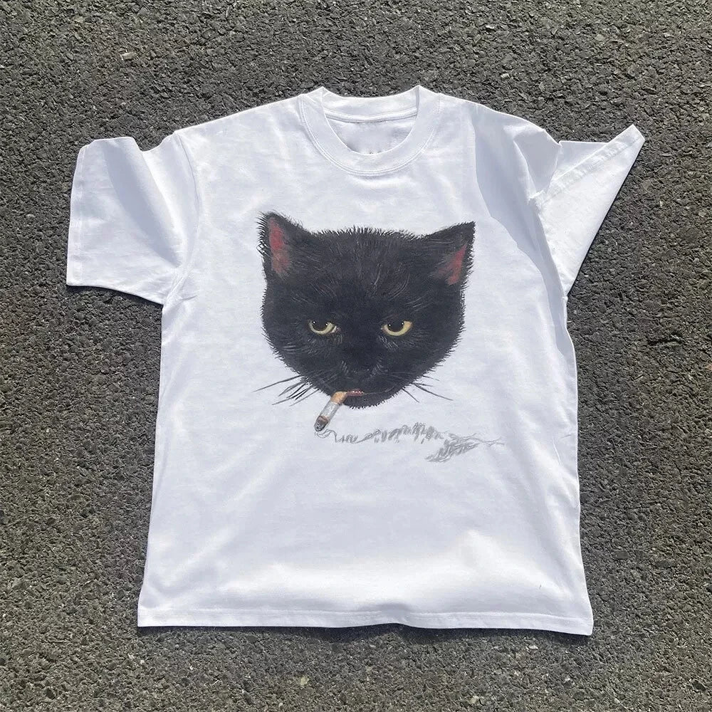 Camiseta Crop Y2K con Gato Gráfico - Estilo Punk Retro